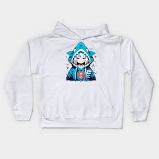 anime character wearing a blue shark hoodie Kids Hoodie